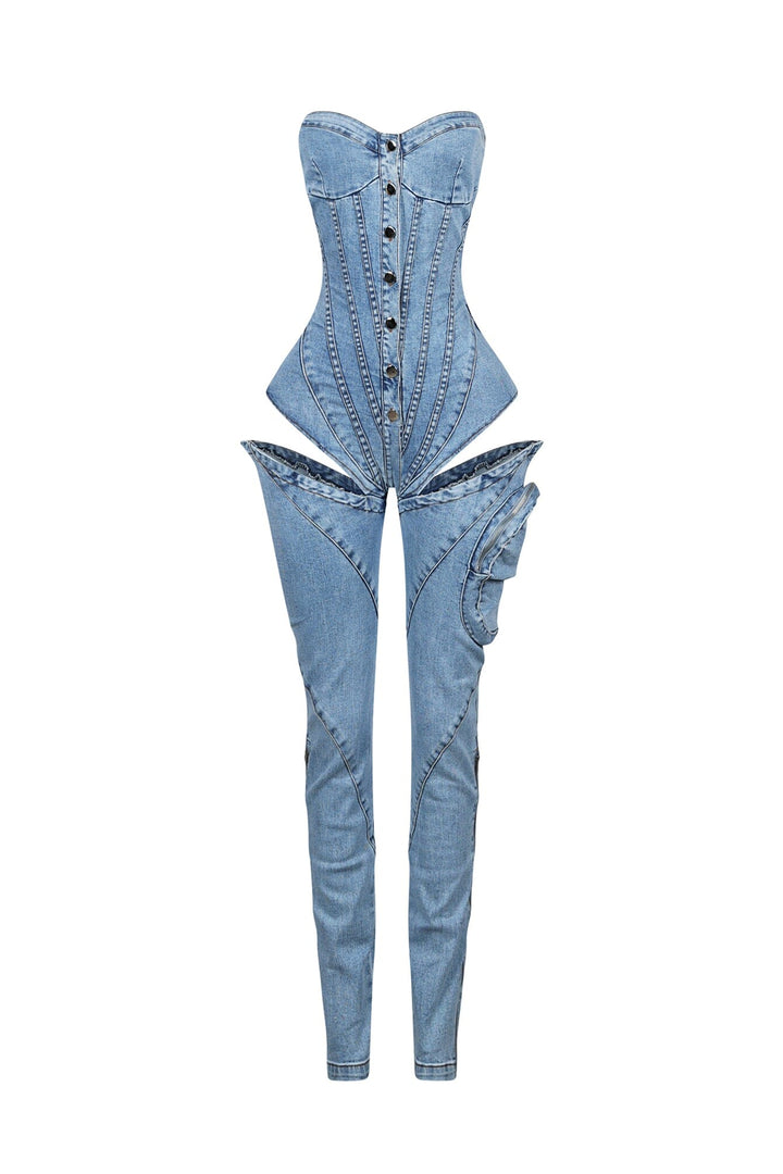 Structured corset style tube top jumpsuit featuring a single cargo pocket and a bold thigh cutout for added edge