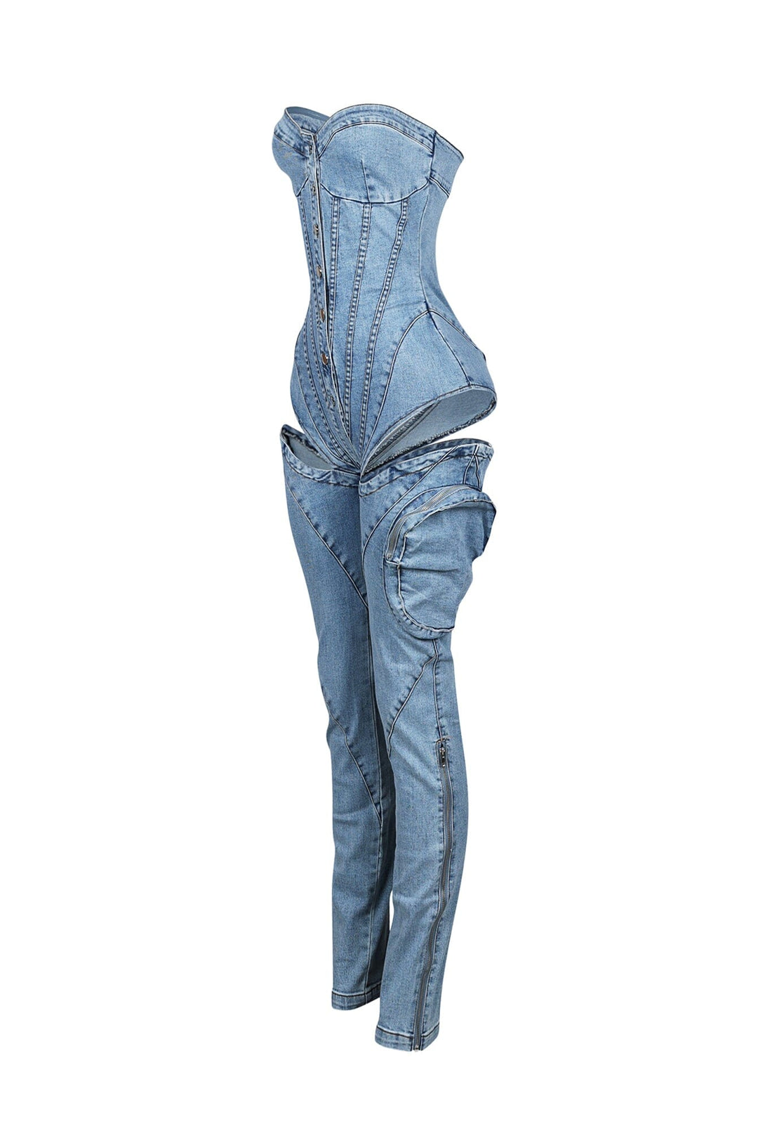 Structured corset style tube top jumpsuit featuring a single cargo pocket and a bold thigh cutout for added edge