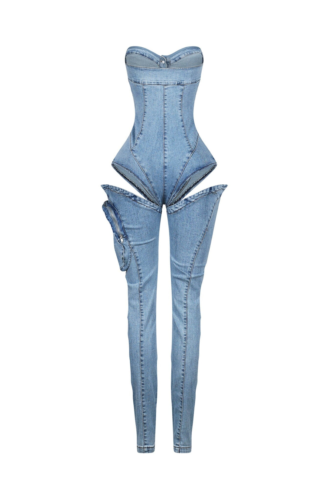 Structured corset style tube top jumpsuit featuring a single cargo pocket and a bold thigh cutout for added edge