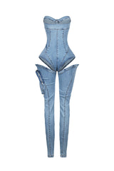 Structured corset style tube top jumpsuit featuring a single cargo pocket and a bold thigh cutout for added edge