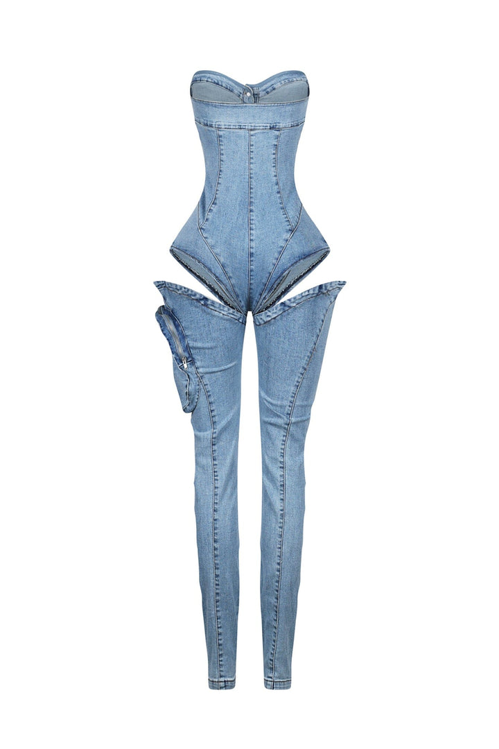 Structured corset style tube top jumpsuit featuring a single cargo pocket and a bold thigh cutout for added edge