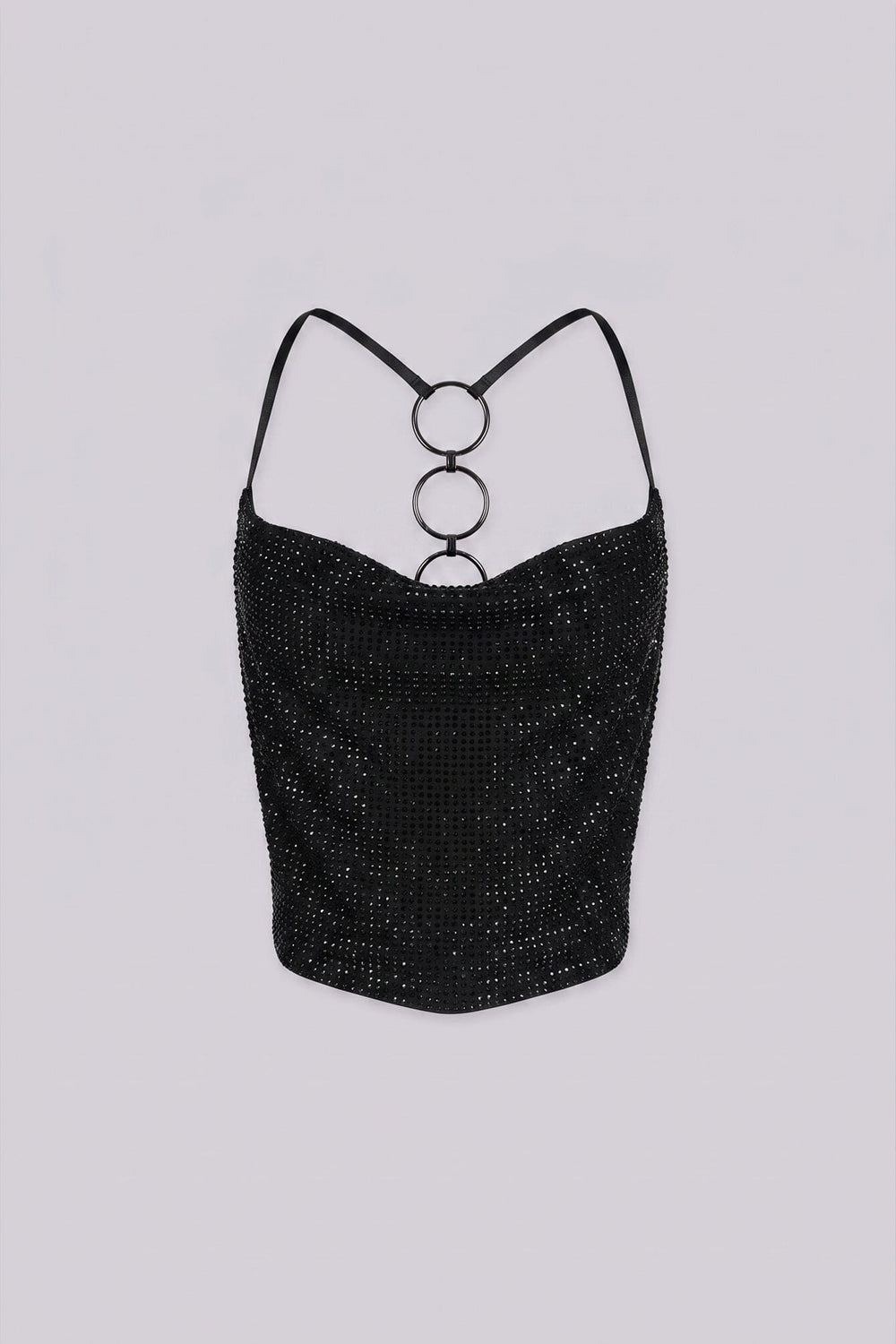 Cowl neck crop top featuring plunging draped silhouette with glittering rhinestones throughout
Open back with a vertical chain of O ring hardware detailing
