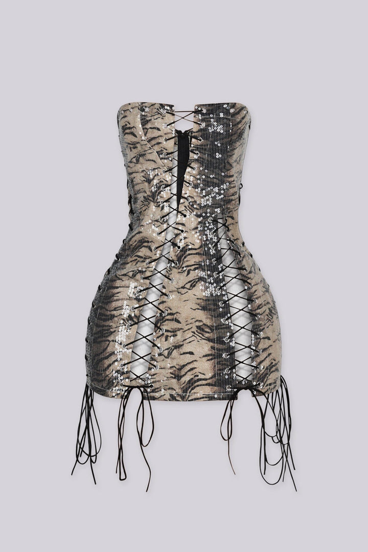 Sequin tube top mini dress with form-fitting silhouette, Center front and side lace-up detailing with eyelet hardware