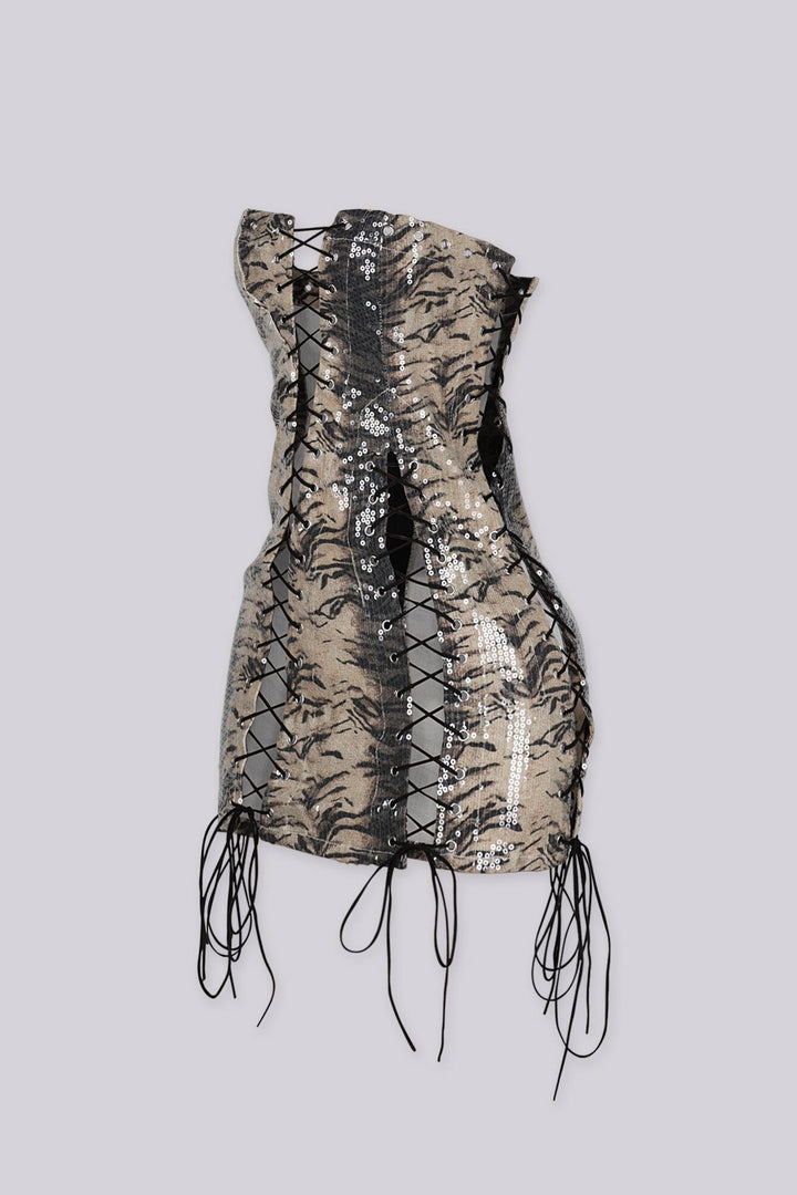Sequin tube top mini dress with form-fitting silhouette, Center front and side lace-up detailing with eyelet hardware