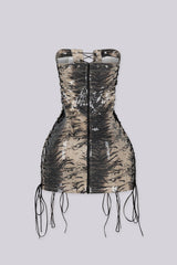 Sequin tube top mini dress with form-fitting silhouette, Center front and side lace-up detailing with eyelet hardware