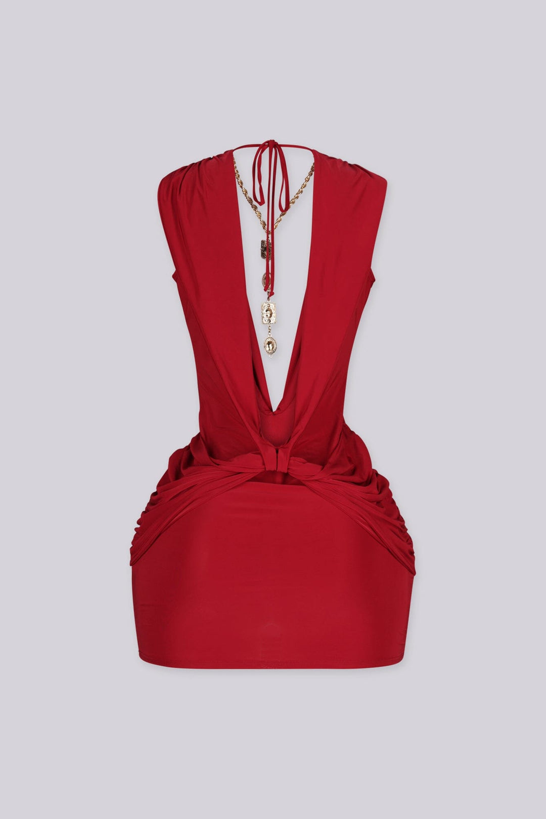 EDGEBYKS - Plunging V neckline with a sculpted twist knot detail at the waist, deep red back view