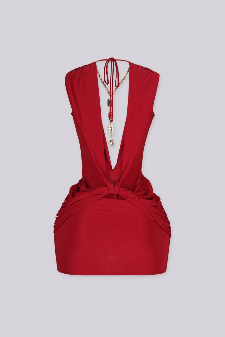 EDGEBYKS - Plunging V neckline with a sculpted twist knot detail at the waist, deep red back view