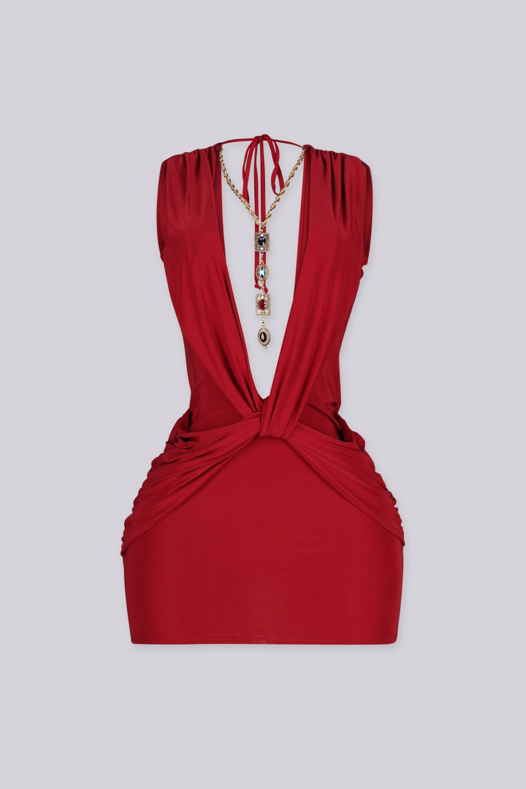 EDGEBYKS - Plunging V neckline with a sculpted twist knot detail at the waist, deep red front view