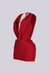 EDGEBYKS - Plunging V neckline with a sculpted twist knot detail at the waist, deep red side view