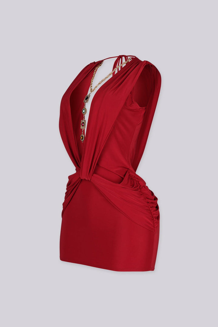 EDGEBYKS - Plunging V neckline with a sculpted twist knot detail at the waist, deep red side view