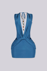 EDGEBYKS - Plunging V neckline with a sculpted twist knot detail at the waist, teal front view