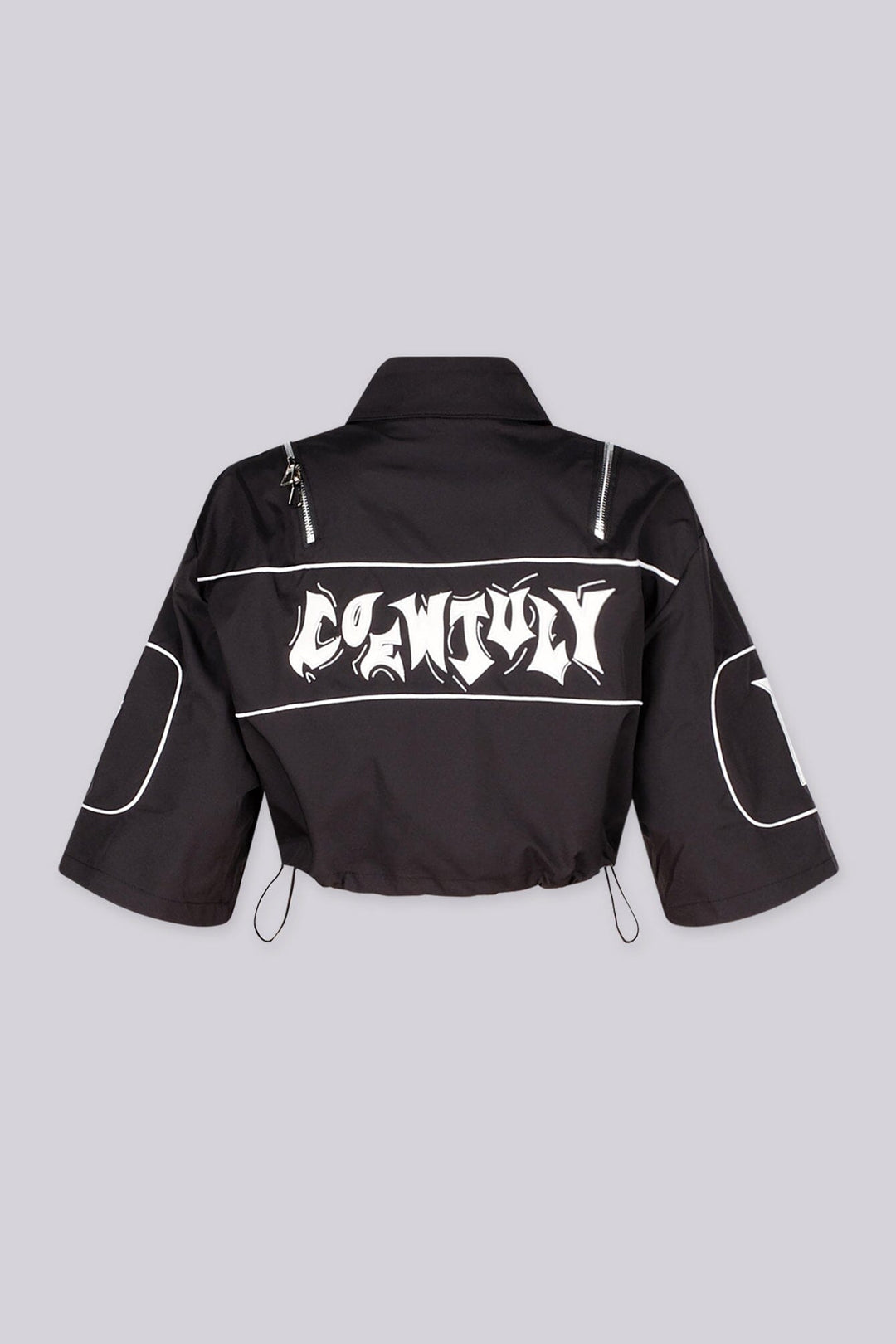 EDGEBYKS - Collared crop jacket with "END GAME" graphic lettering on chest and "1998" numbering on the sleeves, black back view