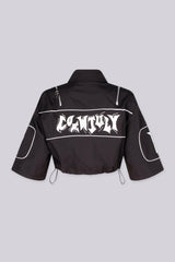EDGEBYKS - Collared crop jacket with "END GAME" graphic lettering on chest and "1998" numbering on the sleeves, black back view