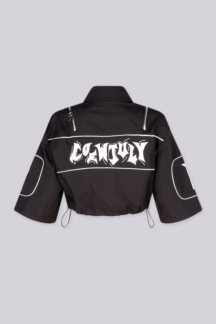 EDGEBYKS - Collared crop jacket with "END GAME" graphic lettering on chest and "1998" numbering on the sleeves, black back view