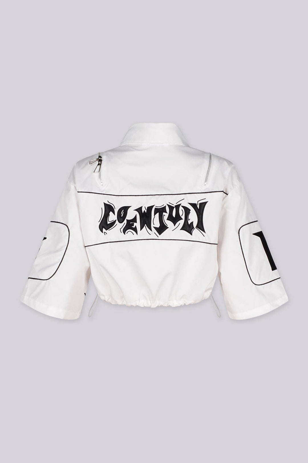EDGEBYKS - Collared crop jacket with "END GAME" graphic lettering on chest and "1998" numbering on the sleeves, white back view