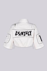 EDGEBYKS - Collared crop jacket with "END GAME" graphic lettering on chest and "1998" numbering on the sleeves, white back view
