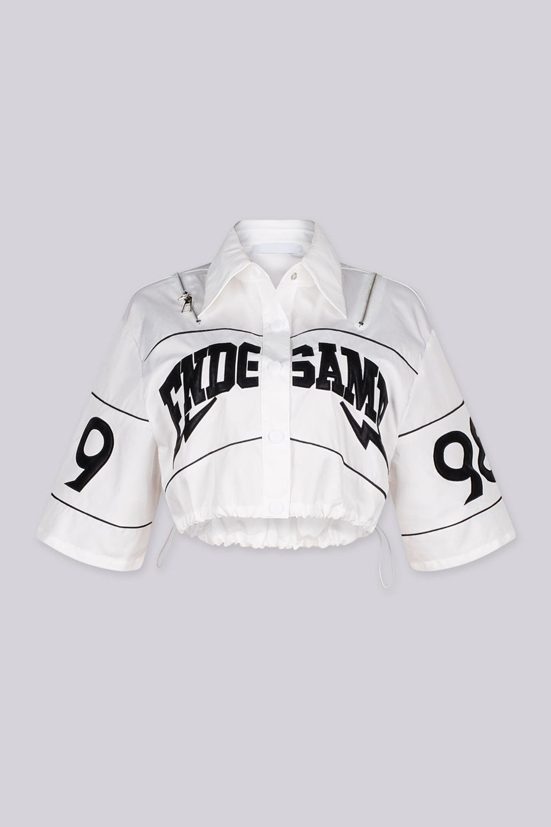 EDGEBYKS - Collared crop jacket with "END GAME" graphic lettering on chest and "1998" numbering on the sleeves, white front view