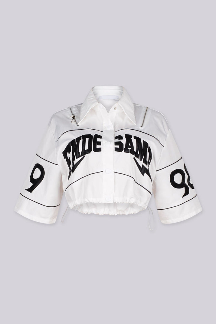EDGEBYKS - Collared crop jacket with "END GAME" graphic lettering on chest and "1998" numbering on the sleeves, white front view