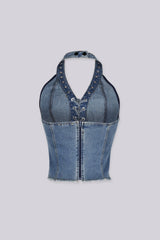 Washed denim halter neck crop top featuring corset-style, Adjustable lace-up front tie