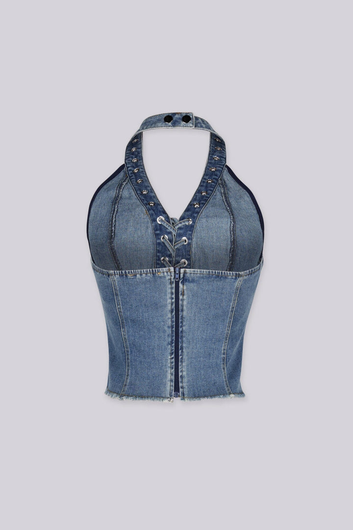 Washed denim halter neck crop top featuring corset-style, Adjustable lace-up front tie