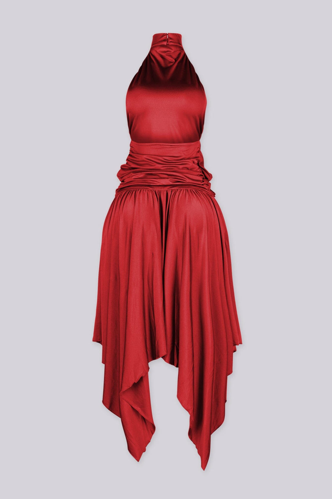 EDGEBYKS - Mock neck halter midi dress with flowy asymmetrical finish, red back view