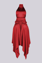 EDGEBYKS - Mock neck halter midi dress with flowy asymmetrical finish, red back view