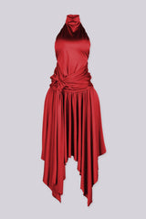 EDGEBYKS - Mock neck halter midi dress with flowy asymmetrical finish, red front view