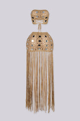 EDGEBYKS - Crochet knit tube top with adjustable tie closure at back, Matching fringe skirt with slip on closure, back view