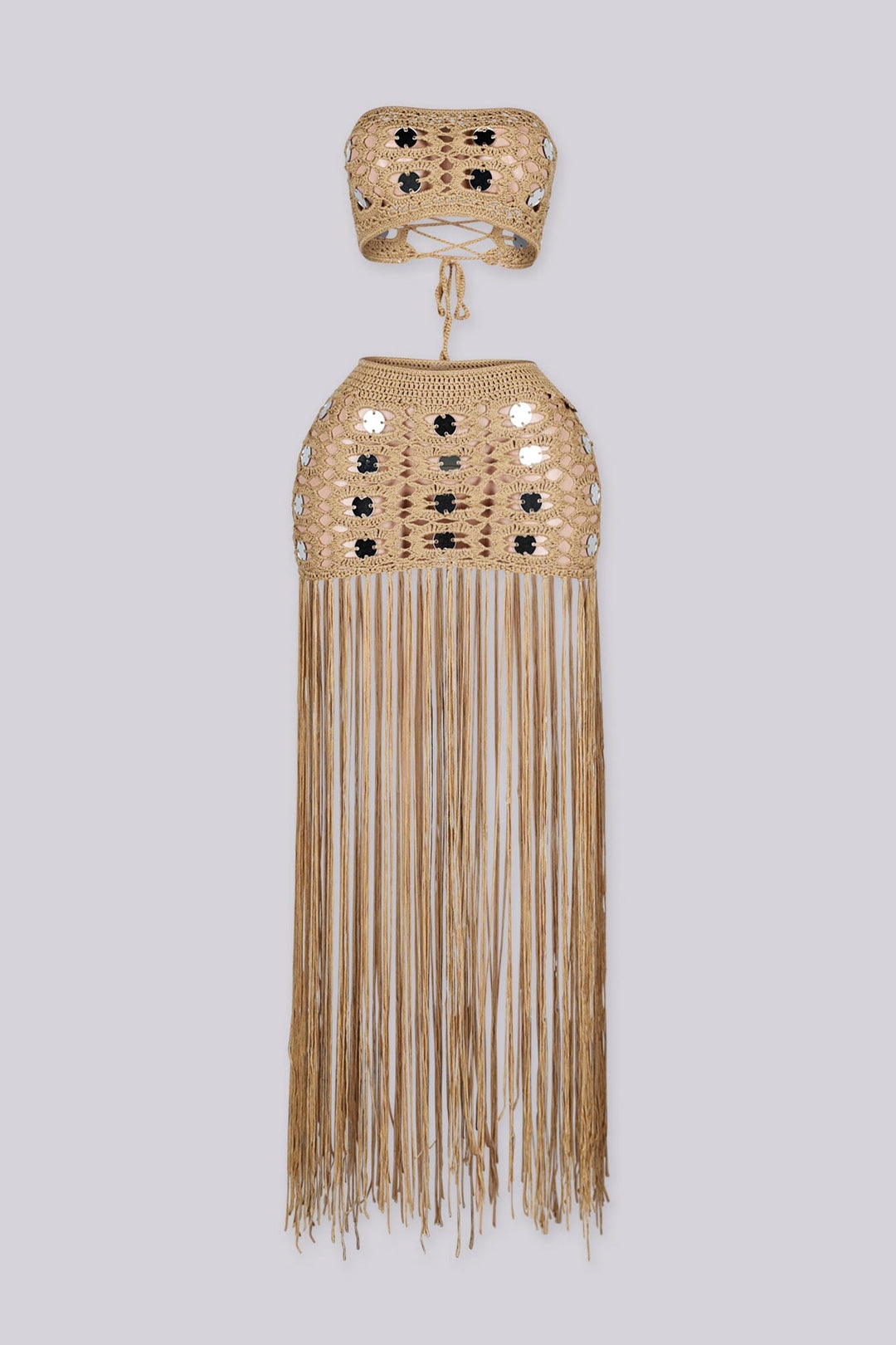 EDGEBYKS - Crochet knit tube top with adjustable tie closure at back, Matching fringe skirt with slip on closure, front view