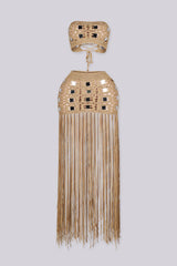 EDGEBYKS - Crochet knit tube top with adjustable tie closure at back, Matching fringe skirt with slip on closure, front view