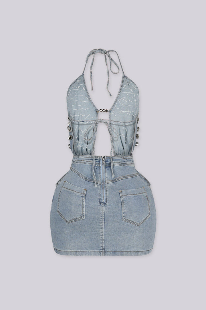 EDGEBYKS - Denim halter neckline mini dress with plunging V-front, back view