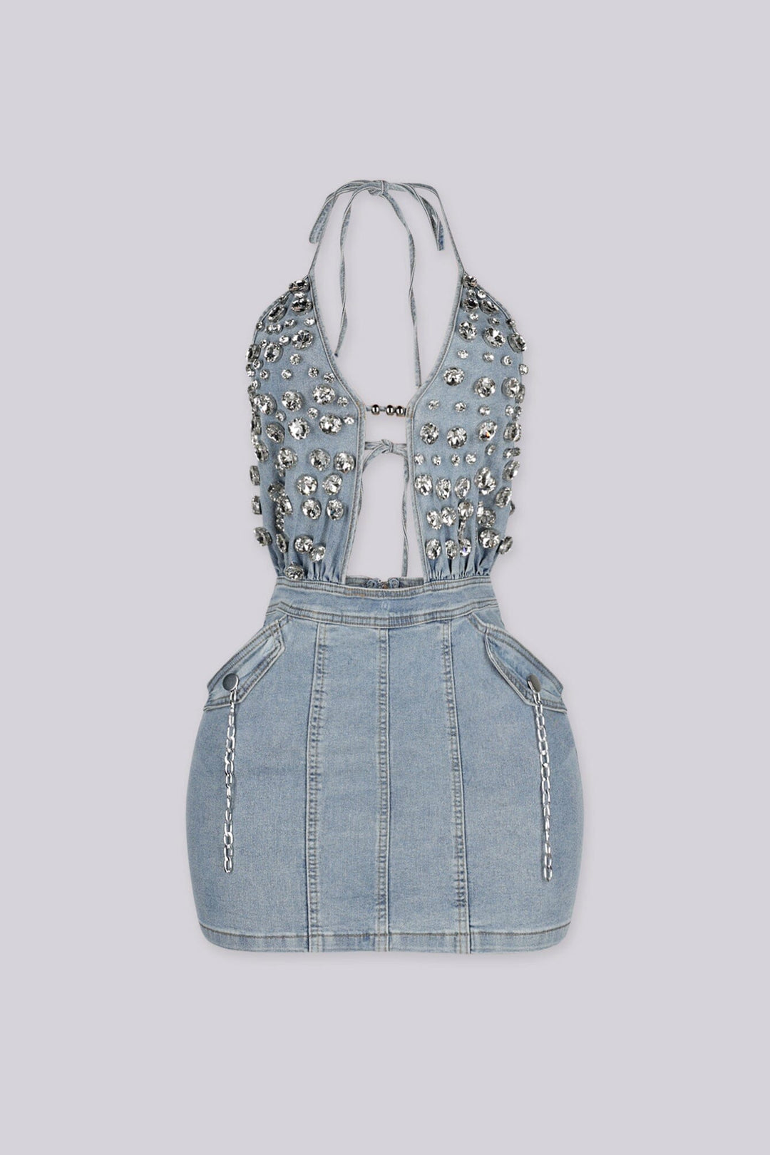 EDGEBYKS - Denim halter neckline mini dress with plunging V-front, front view