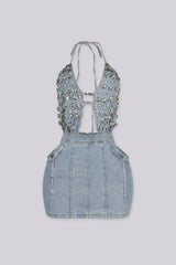 EDGEBYKS - Denim halter neckline mini dress with plunging V-front, front view