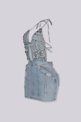 EDGEBYKS - Denim halter neckline mini dress with plunging V-front, side view