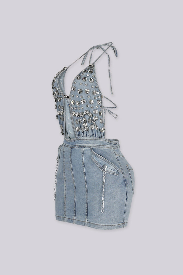 EDGEBYKS - Denim halter neckline mini dress with plunging V-front, side view