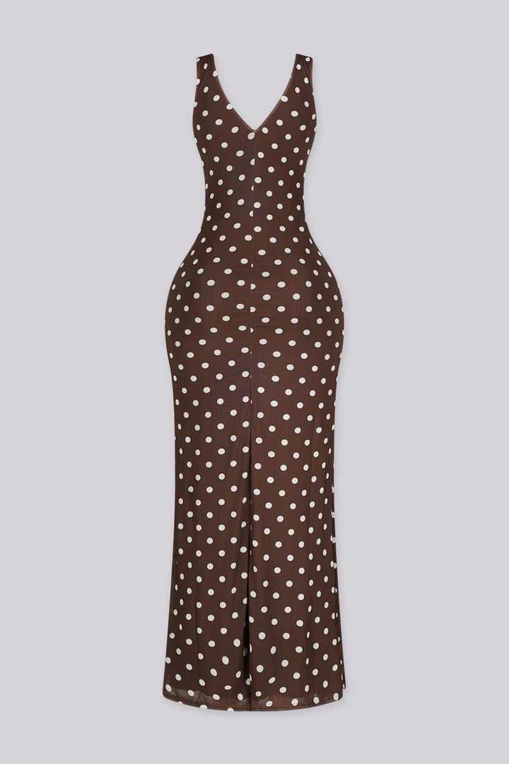 EDGEBYKS - Mesh sleeveless bodycon maxi dress with plunging V neckline, back view