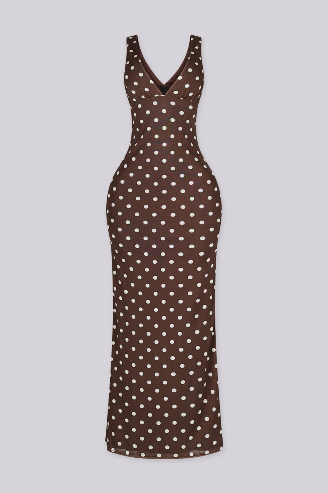 EDGEBYKS - Mesh sleeveless bodycon maxi dress with plunging V neckline, front view