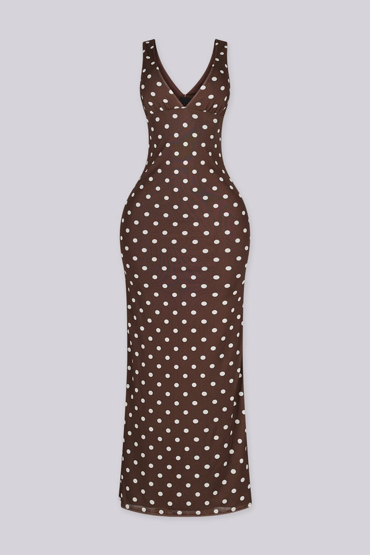 EDGEBYKS - Mesh sleeveless bodycon maxi dress with plunging V neckline, front view