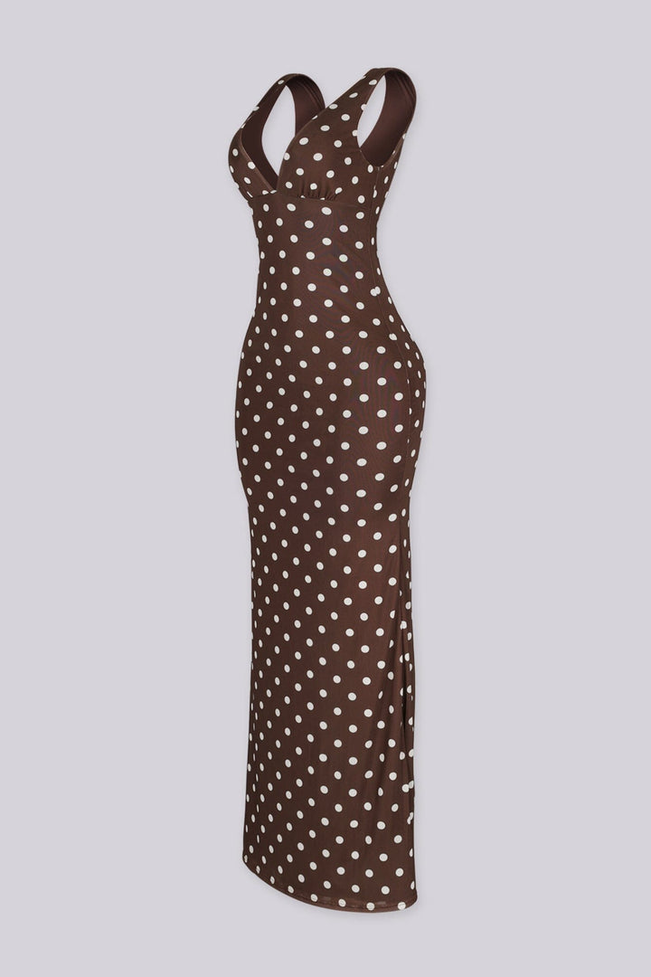 EDGEBYKS - Mesh sleeveless bodycon maxi dress with plunging V neckline, side view
