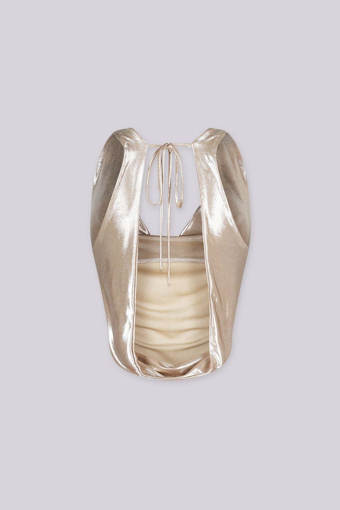 EDGEBYKS - Metallic sheened top with a deep cowl neckline and a draped cowl back, back view