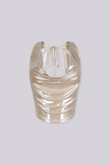 EDGEBYKS - Metallic sheened top with a deep cowl neckline and a draped cowl back, front view