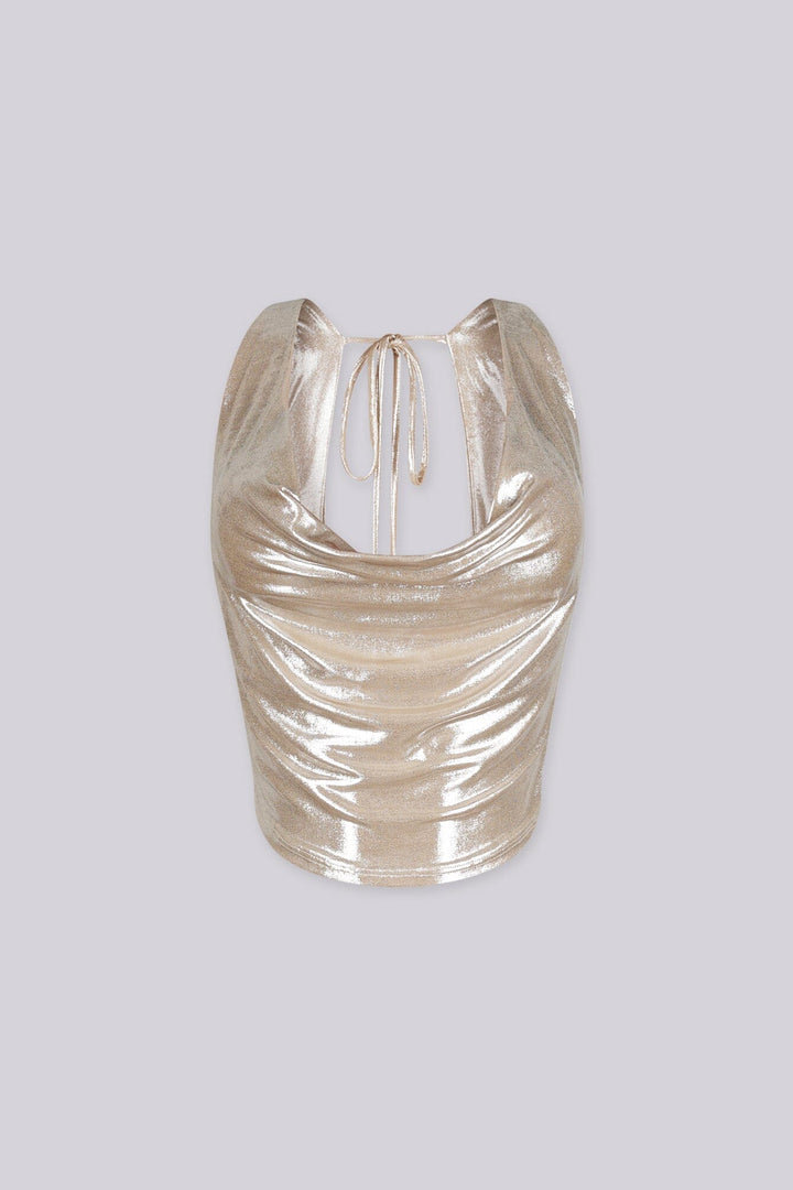 EDGEBYKS - Metallic sheened top with a deep cowl neckline and a draped cowl back, front view