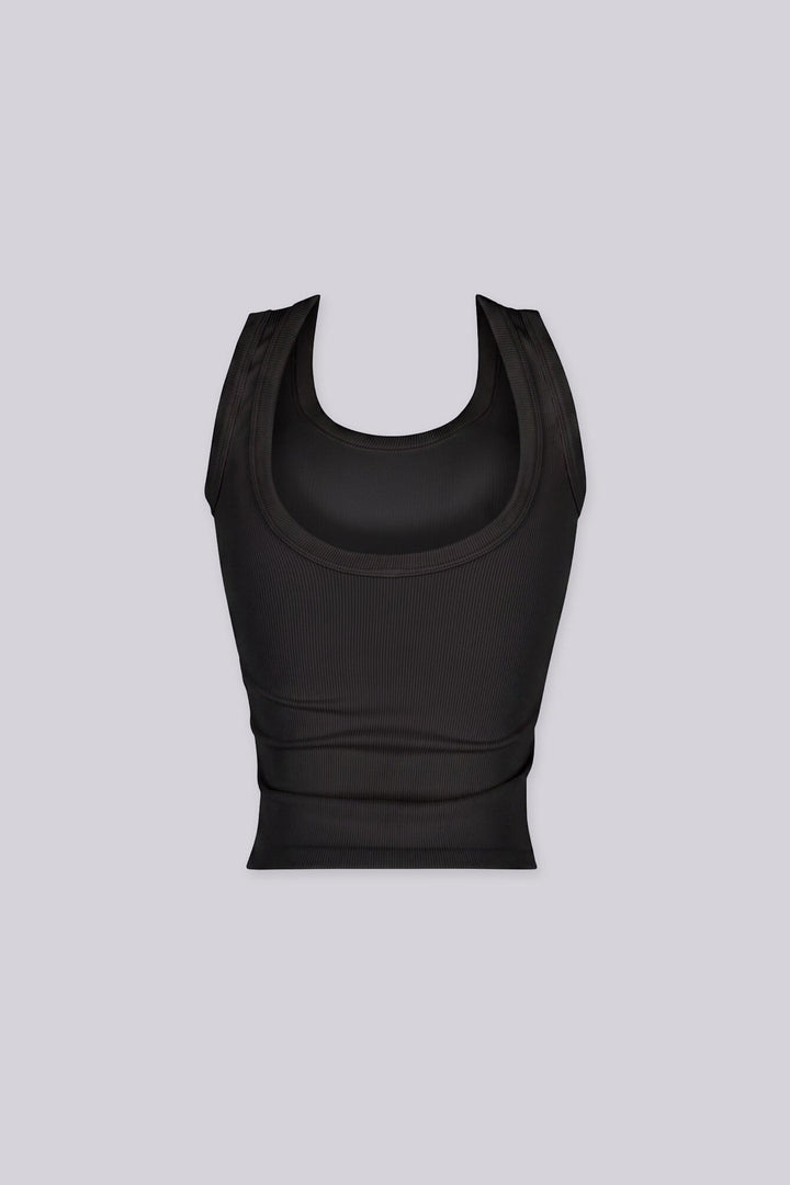 EDGEBYKS - Scoop neckline ribbed knit basic tank top, black back view