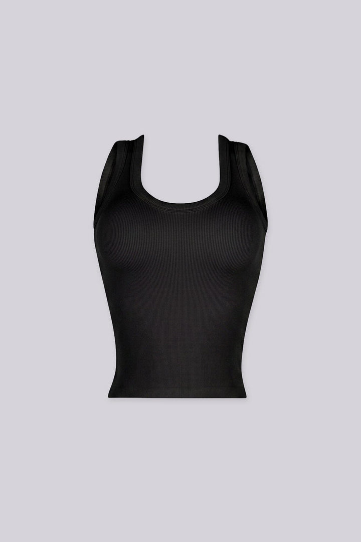 EDGEBYKS - Scoop neckline ribbed knit basic tank top, black front view