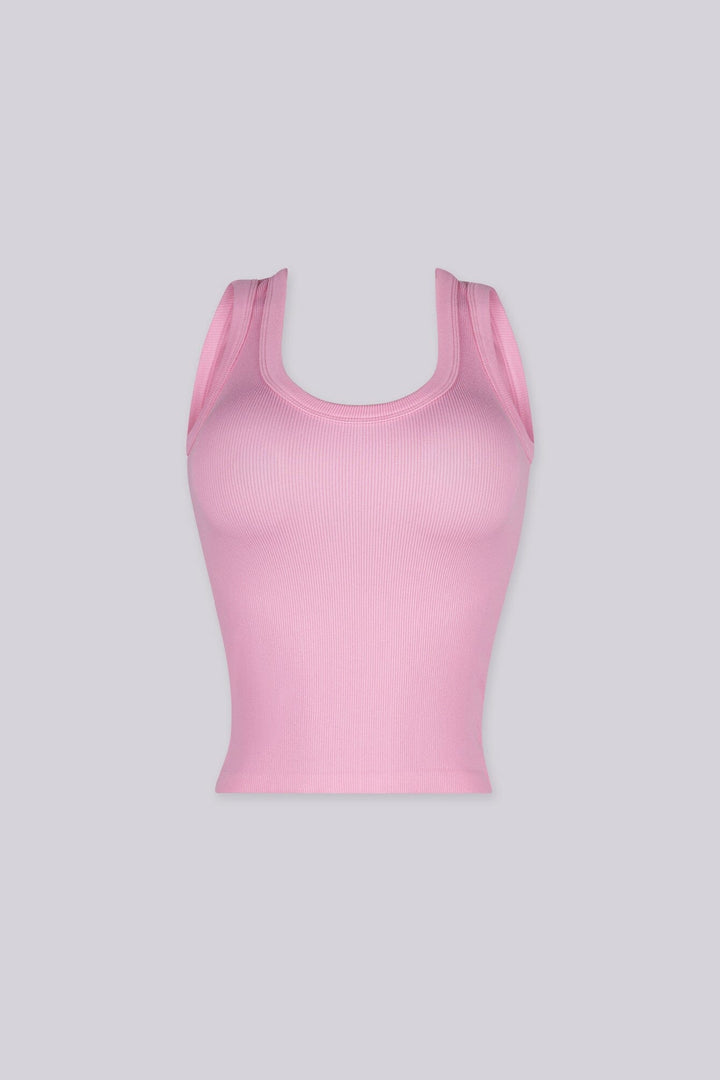 EDGEBYKS - Scoop neckline ribbed knit basic tank top, pink front view