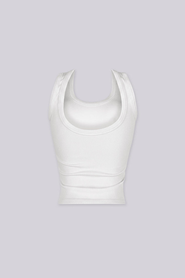 EDGEBYKS - Scoop neckline ribbed knit basic tank top, white back view
