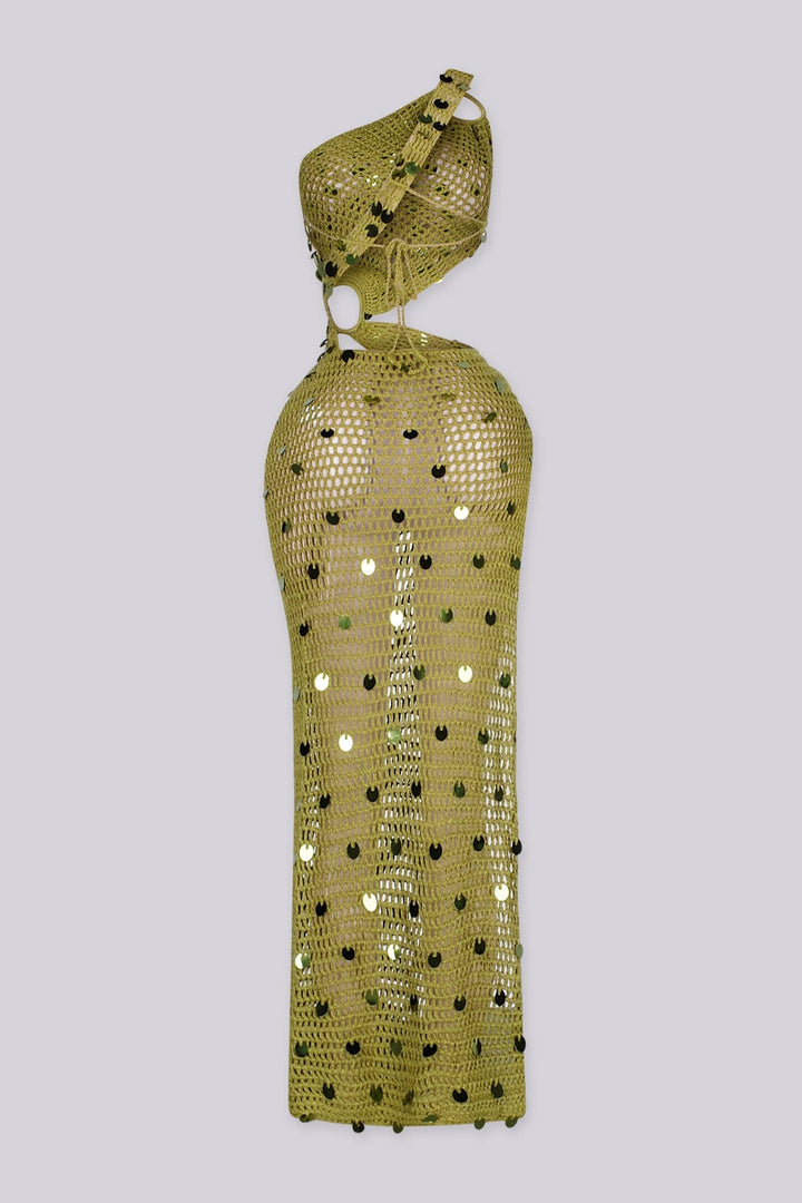 EDGEBYKS - One shoulder crochet maxi dress with an O-ring detail at the shoulder and waist, back view