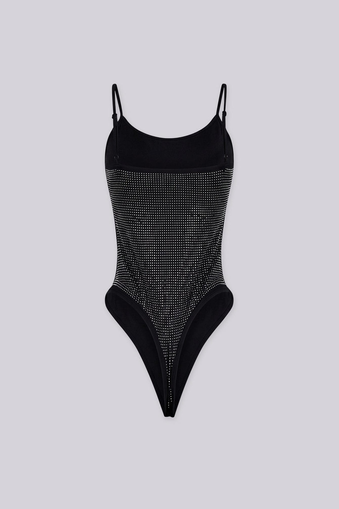 EDGEBYKS - Rhinestone embellished bodysuit with adjustable spaghetti straps, black back view