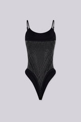 EDGEBYKS - Rhinestone embellished bodysuit with adjustable spaghetti straps, black back view