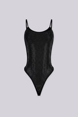 EDGEBYKS - Rhinestone embellished bodysuit with adjustable spaghetti straps, black front view